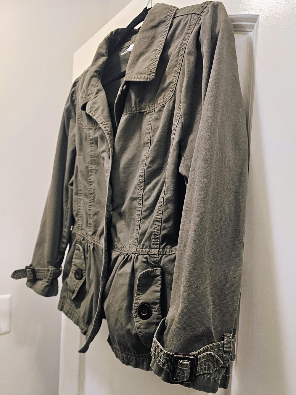 LOFT Olive Utility Jacket Peplum Waist Button Front Size L - Picture 3 of 7